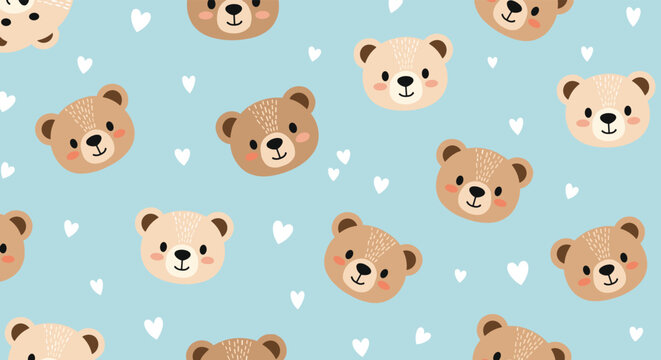 An adorable seamless pattern featuring cute cartoon teddy bear faces and small white hearts scattered on a soft light blue background.