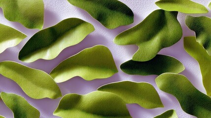 A top-down view of numerous green maple seeds, also known as samaras, scattered across a textured light purple surface. The seeds are organic in shape and vary