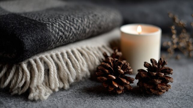 Cozy autumn or winter scene with warm blankets, natural pinecones, and a glowing candle creating a relaxing atmosphere - Powered by Adobe