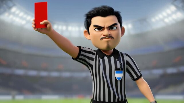 Angry cartoon football referee showing a red card for a penalty or disqualification. Concept of rules violation and judgment in a sports competition or championship match