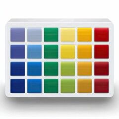 A white frame contains a grid of 20 colorful, glossy squares arranged in four rows and five columns. The squares display a gradient of colors from purple and bl
