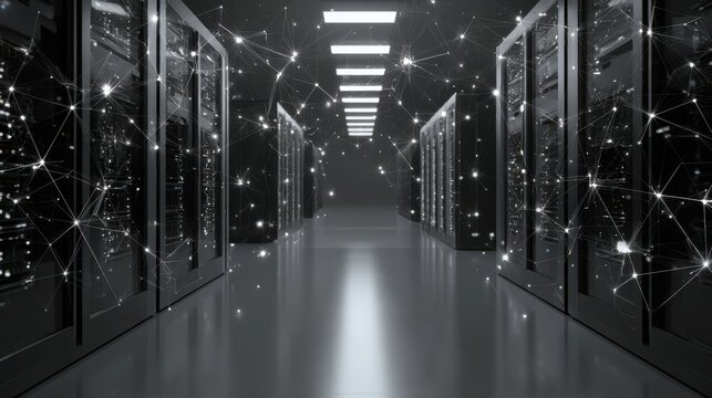 Futuristic Server Room with Data Connections and Digital Network Visualization in Technological Environment for IT Infrastructure Concepts