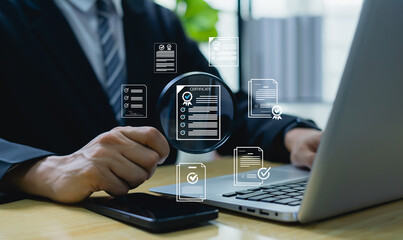 Certificate and document review concept, business professional verifying certified compliance...