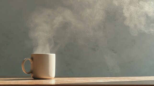 Steaming hot coffee in a ceramic mug on a wooden table, radiating warmth and comfort in a cozy setting - Powered by Adobe