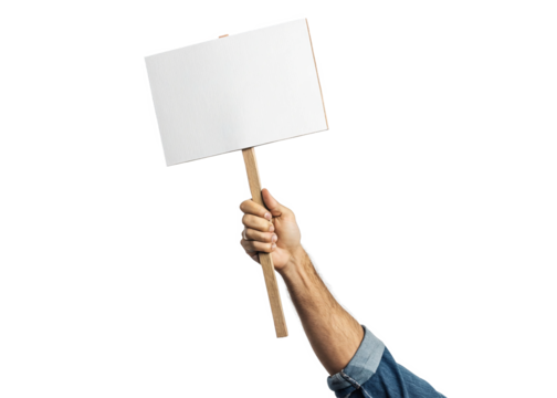 Hand holding a small blank white protest sign on a wooden stick mockup isolated on a transparent background.
