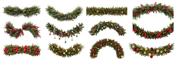 A collection of Christmas wreaths with various decorations and colors.