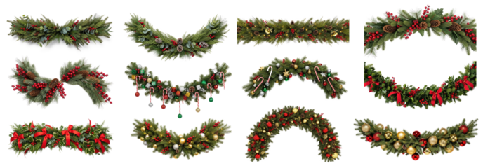 A collection of Christmas wreaths with various decorations and colors.