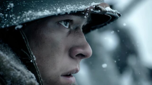 A tense cinematic profile shot of a young soldier during his first combat. His face is pale, lips trembling sweat and snow on his brow
