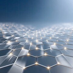 A futuristic hexagonal grid pattern with illuminated nodes, stretching into the distance against a soft blue gradient sky. The lighting is subtle and ethereal.