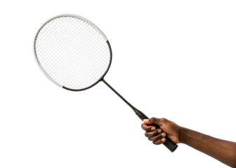 hand holding badminton racket isolated on a transparent background.