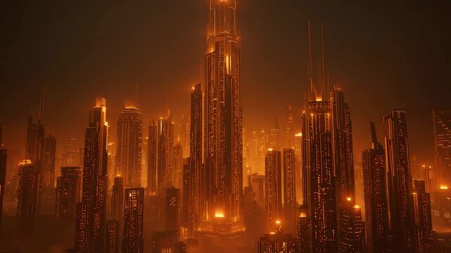 Glowing amber cityscape with towering metallic skyscrapers rising through dense atmospheric haze creating an illuminated urban skyline scene