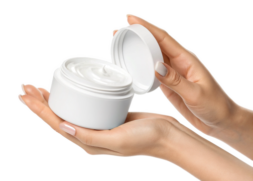 hand holding an open white jar of cosmetic face cream isolated on a transparent background.