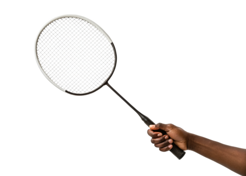 hand holding badminton racket isolated on a transparent background.