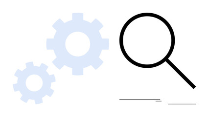 Magnifying glass investigating overlapping gears, indicating exploration, problem-solving, and system improvement. Ideal for research, efficiency, innovation, strategy, technology teamwork
