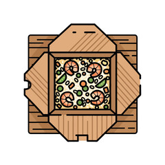 Cartoon Illustration of Open Takeout Box with Shrimp Stir-Fry and Vegetables