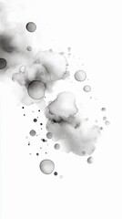 Abstract ink splatters and circular shapes resembling bubbles on a clean white background, creating a minimalist and ethereal effect.