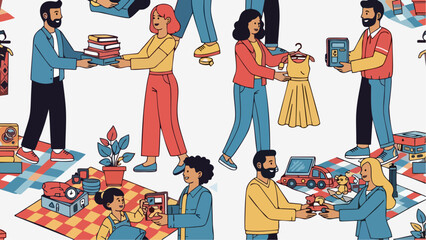Charity Flea Market Seamless Pattern Community Donations and Sustainable Shopping