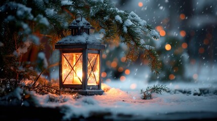 Cozy lantern glowing in a magical winter wonderland with falling snow and festive bokeh lights on evergreen branches