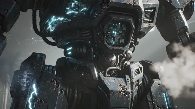 Close-up of a powerful futuristic combat robot with glowing blue lights and steam.