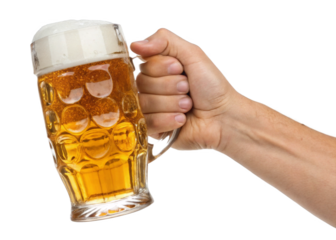 hand holding beer mug isolated on a transparent background.