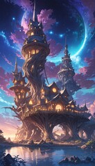 Fototapeta premium magical castle with tree roots and glowing windows under a cosmic sky