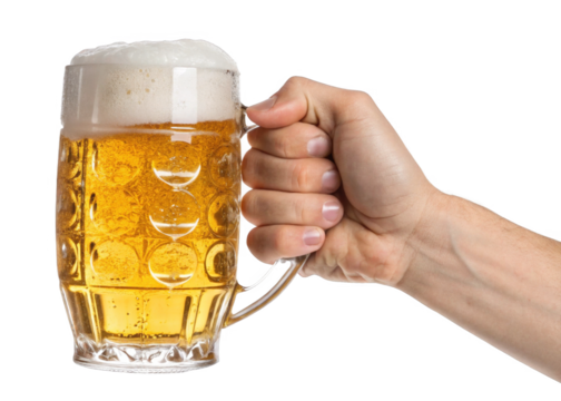 hand holding beer mug isolated on a transparent background.