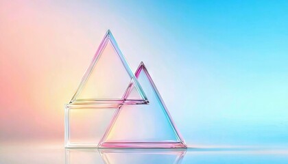 Two interlocking geometric shapes, a square and two triangles, made of clear glass, refract iridescent colors against a soft gradient background of pink, yellow
