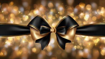 Elegant black and gold ribbon bow on luxury gift for special sale. This celebratory present has warm bokeh light background decoration