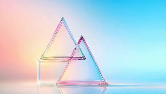 Two interlocking geometric shapes, a square and two triangles, made of clear glass, refract iridescent colors against a soft gradient background of pink, yellow