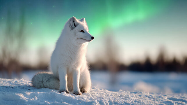 Serene white arctic fox sits on snowy ground in cold winter landscape, watching under beautiful green glow of aurora borealis