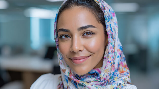 Confident face portrait of young professional muslim woman specialist. Headshot of smiling business person wearing hijab in modern office