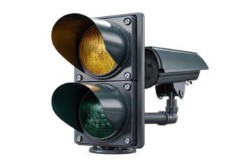 Traffic Signal With Yellow And Green Lights And Security Camera image, Isolated On Transparent Background, Png