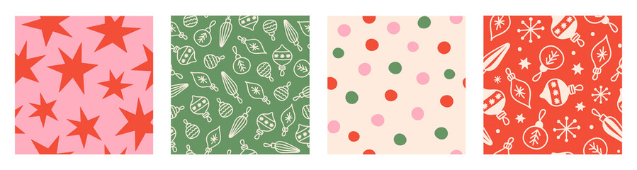 Obraz premium Festival christmas set seamless patterns with christmas balls, stars, polka dots and snowflakes. Green, red, pink and beige colors. Vector hand drawn illustration