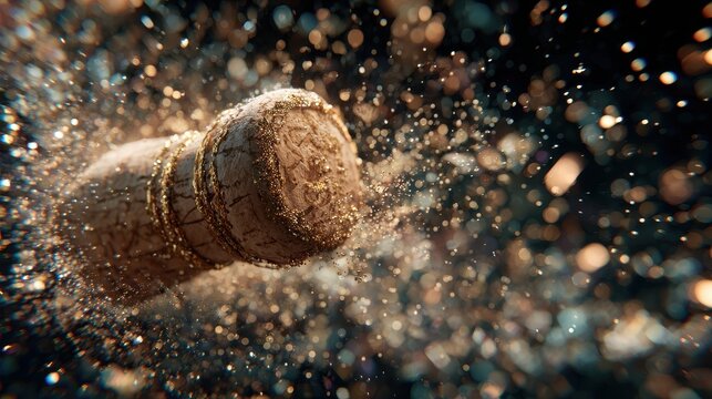 Champagne cork popping with an explosive burst of sparkling golden particles and dynamic bokeh lights, symbolizing celebration and festivity