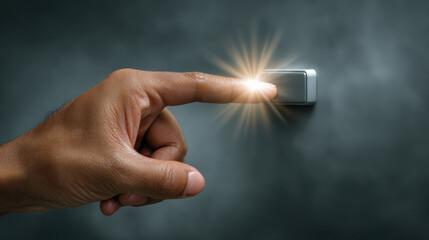 Decisive finger pressing an interactive button with glowing light, activating future technology on sleek interface, symbolizing power and control
