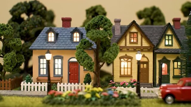 A Cozy Miniature Village Diorama With Warmly Lit Houses And A Red Car