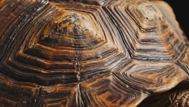 Detailed close-up of a venerable tortoise's protective shell, showcasing the intricate natural patterns and textured scutes formed over many years