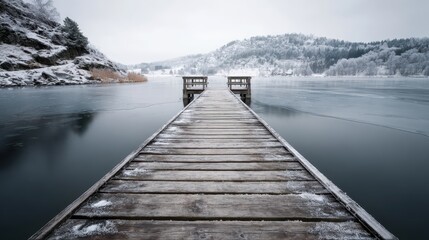 Naklejka premium Winter landscape featuring a rustic wooden pier extending into a calm, icy lake with snowcovered mountains and trees