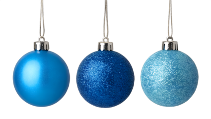 Three blue Christmas ornaments isolated on transparent background