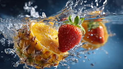 Fresh strawberry and pineapple fruit make refreshing splash in clean blue water. An invigorating underwater shot with liquid motion and bubbles