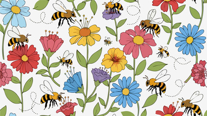 Floral Pattern with Bees Colorful Flower Garden Background Illustration