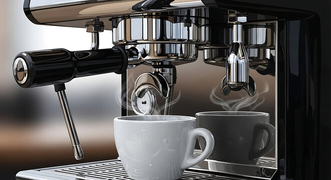 Close up of Professional Espresso Machine Brewing Fresh Coffee into a Steaming White Cup