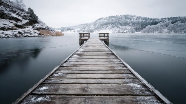 Winter landscape featuring a rustic wooden pier extending into a calm, icy lake with snowcovered mountains and trees