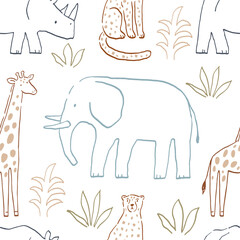 Obraz premium Safari animals cute illustration in doodl style. Outline hand drawn print. African wild animals character. Seamless pattern