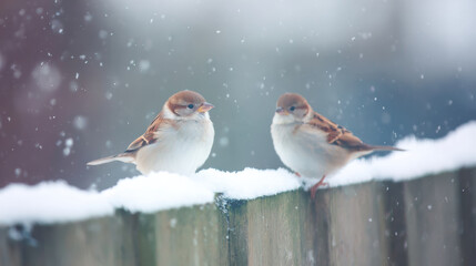 Lovely couple of sparrow bird perched on snowy fence in cold winter weather. Serene scene of togetherness during quiet snowfall