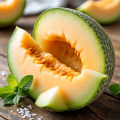 Close-Up of Juicy Cantaloupe Slice with Mint Leaves and Sea Salt