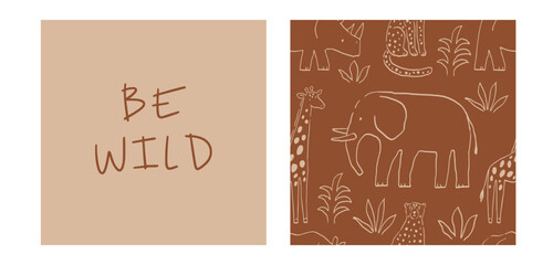 Obraz premium Safari animals cute illustration in doodl style. Outline hand drawn print. African wild animals character. Seamless pattern