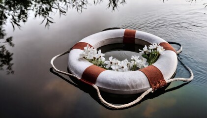 Life ring floating on water with white flowers