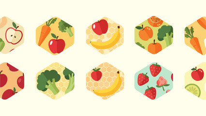 Colorful Fruit and Vegetable Hexagon Pattern Healthy Eating Background