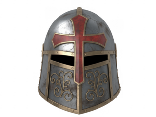 Medieval knight helmet with red cross and gold trim isolated on a transparent background 1